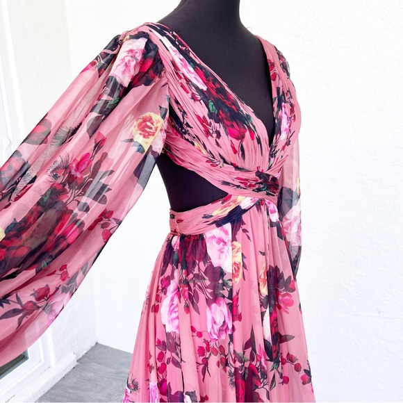 Mac Duggal 67946 Floral Long Sleeve Cut Out Chiffon Maxi Formal Dress Size 4 - Picture 11 of 16